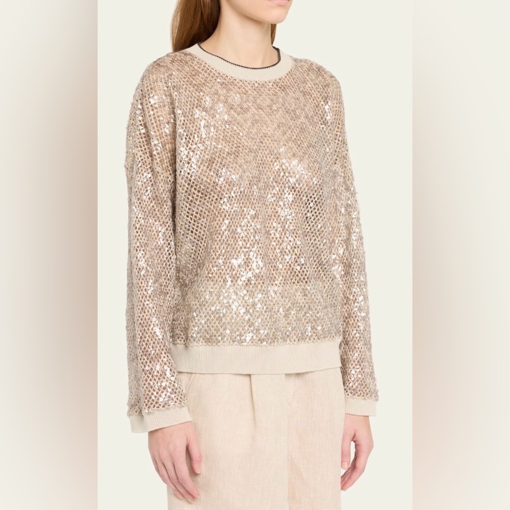 NEW Brunello Cucinelli Linen Silk Paillette Open-Knit Crewneck Sweater NWT Sz S